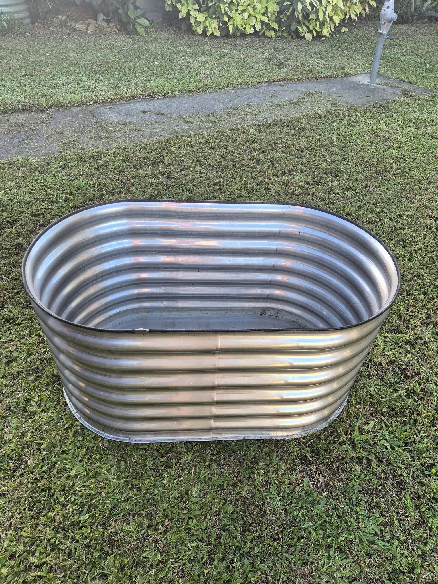 Stainless steel raised garden bed — overhead view showing construction